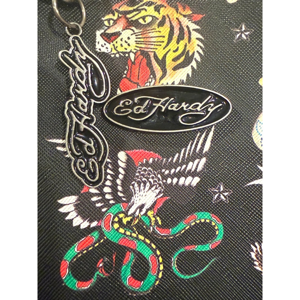 Vintage Y2K Ed Hardy Baguette Bag Tattoo Saffiano Black Tiger Skull Charm Bow - Picture 5 of 6